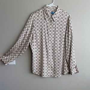 Anne Klein Cream and Brown Geometric Button-Down Shirt